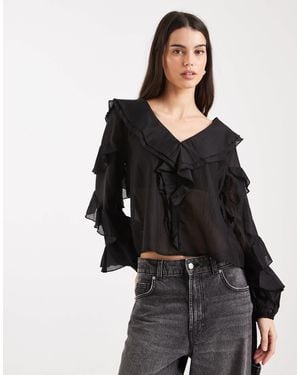 Object V Neck Ruffle Top With Tiered Sleeves - Black