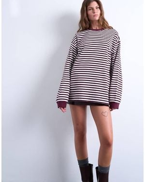 TOPSHOP Striped Long Sleeve Slouchy Skater Tee - Red