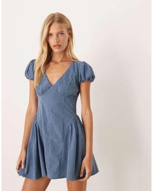 ASOS Cord Corset Waist Mini Dress With Puff Sleeve - Blue