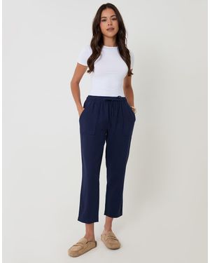 Threadbare Petite Linen Blend Drawstring Waist Tapered Trousers - Blue