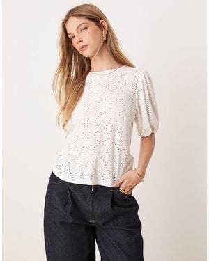 Vila Broderie T-Shirt With Puff Sleeve Detail - White