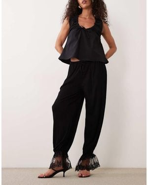 ASOS Co-ord Crinkle Balloon Trouser With Lace Trim Hem Detail - Black