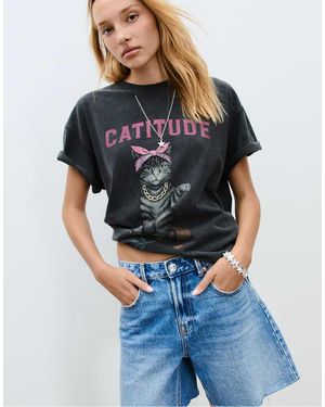 Stradivarius T-shirt With Catitude Appliqué Print - Blue