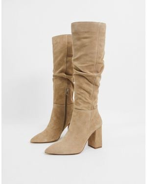 Bershka Knee High Suede Boots - Natural