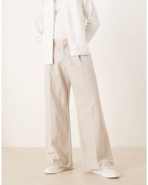 ASOS Smart Pleated Linen Rich Loose Leg Trousers - Natural