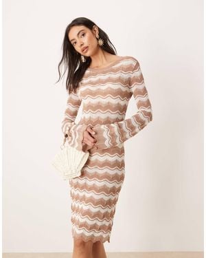 Y.A.S Chevron Fine Crochet Mini Dress With Bell Sleeves - Natural