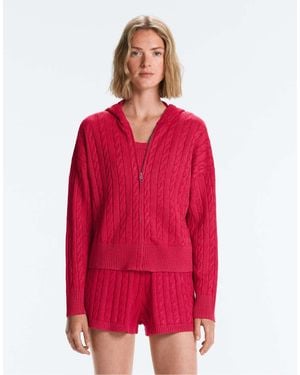 Oysho Washed Cable Knit Hooded Jacket - Red