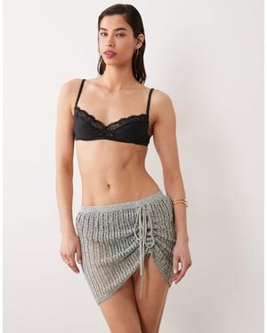 Miss Selfridge Beach Sequin Crochet Ruch Side Sarong Mini Skirt - Green
