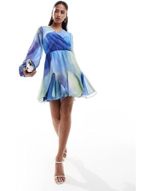 In The Style X Perrie Sian Satin V Neck Floaty Mini Dress - Blue