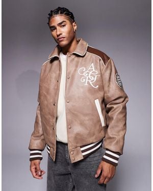 River Island Marbled Effect Faux Leather Varsity Jacket - Natural