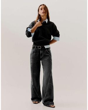 Bershka Jeans Barrel A Vita Bassa Grigi - Nero