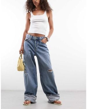 Monki Fold Up Baggy Jeans With Distressing - Blue