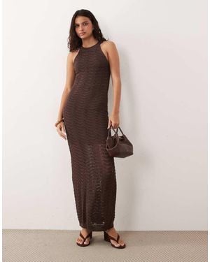 Y.A.S Vestido Midi Marrón Chocolate Sin Mangas Con Cuello Subido De Croché En Zigzag