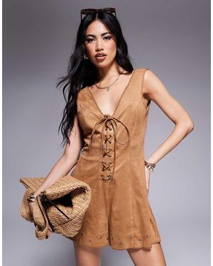 ASOS Suedette Lace Up Playsuit With Stud Detail - Brown