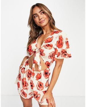 Monki Relaxed Playsuit With Tie Front And Frill Sleeves - Multicolour