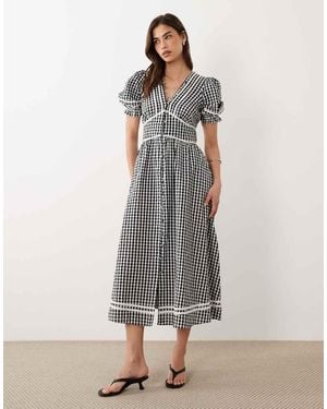 Nobody's Child Saffy Cotton V-Neck Puff Sleeve Midi Dress - Grey