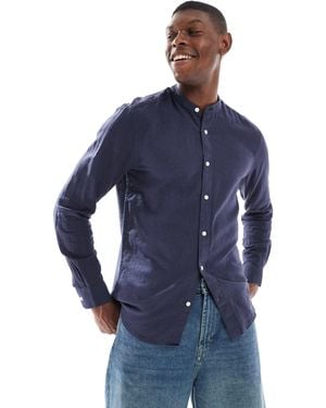 Only & Sons Linen Mix Grandad Collar Shirt - Blue