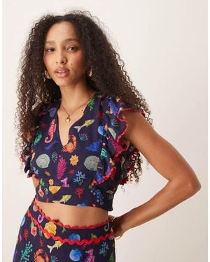 Hope & Ivy Ruffle Sleeve Tie Back Cropped Top Co-Ord - Blue