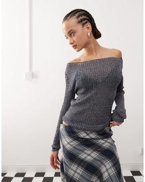 Collusion Knit Twinkle Slash Neck Top - Gray