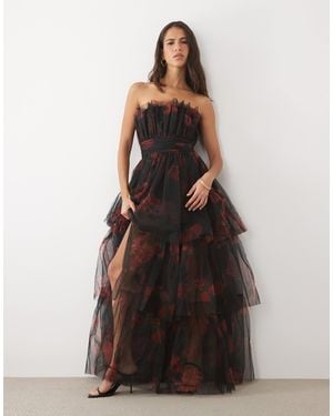 LACE & BEADS Tulle Bandeau Ruffle Tiered Maxi Dress - Multicolor