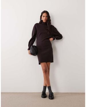 ASOS Compact High Neck Knitted Mini Dress With Gold Button Cuff - Brown