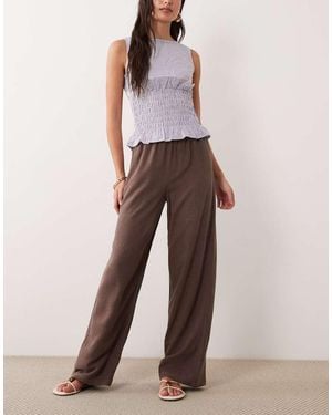 The Frolic Exclusive Linen Blend Drawstring Waist Wide Leg Trousers - Brown
