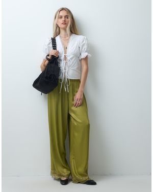 Reclaimed Vintage Satin Pant With Lace Trim - Green