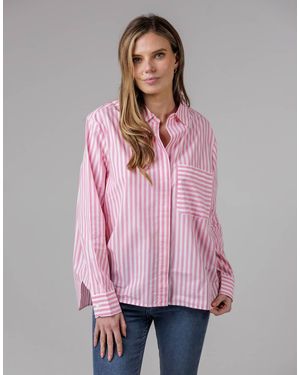 French Connection Cotton Relaxed-Fit Long Sleeve Striped Popover High-Low Hem Shirt - Pink