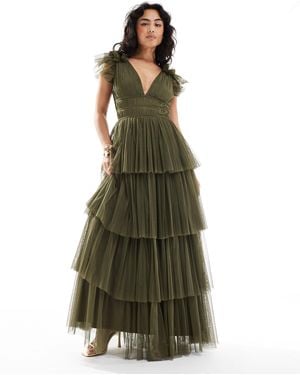 LACE & BEADS Bridesmaid Ruffle Tiered Tulle Maxi Dress - Green