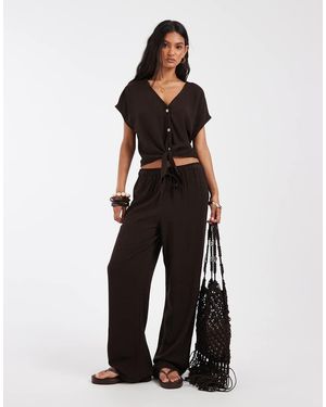 ONLY Conjunto De Pantalón Ancho De Lino Mezclado Con Cintura Elástica En Marrón Chocolate