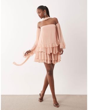 TFNC London Bardot Chiffon Lace Mini Dress With Scarf - Pink