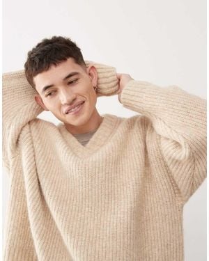 Weekday Riley Wool Blend Chunky Knit V Neck Jumper - Natural