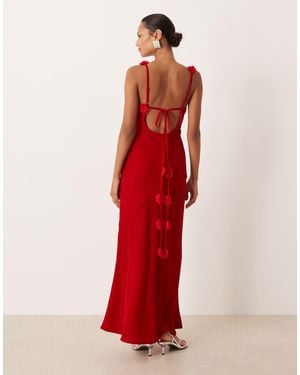 For Love & Lemons Satin Open Back Maxi Dress With Rosette Detail - Red