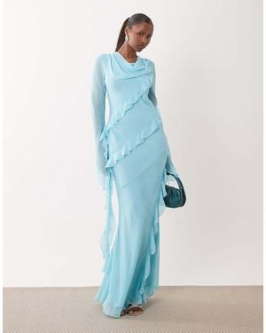 DASKA Chiffon High Cowl Neck Frill Detail Maxi Dress - Blue