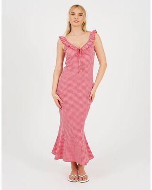 Brave Soul Gingham Sleeveless Ruffle Neck Maxi Dress - Pink