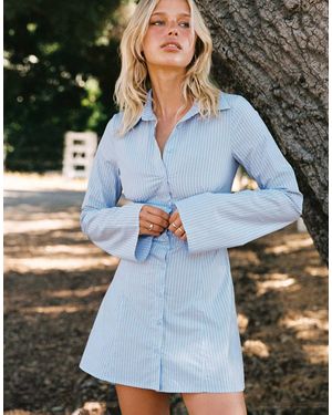 Princess Polly Cinch Waist Button Up Wide Sleeve Mini Dress - Blue