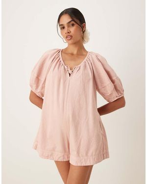 ASOS Soft Denim Playsuit With Balloon Sleeves - Pink