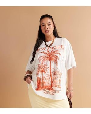 ASOS Asos Design Curve Oversized T-Shirt With New Delhi Embellished Graphic - Natural