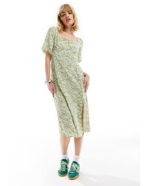 Glamorous Vestido De Tarde Midi Color Crema Con Escote Cuadrado Y Estampado Floral Dibujado De -Blanco - Verde