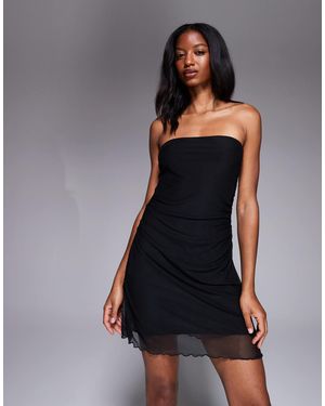 Fashionkilla Mesh Overlay Ruched Waist Lettuce Edge Bandeau Mini Dress - Black