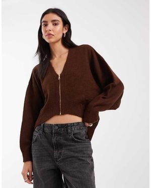 ASOS Knitted V-neck Zip Through Jumper - Brown