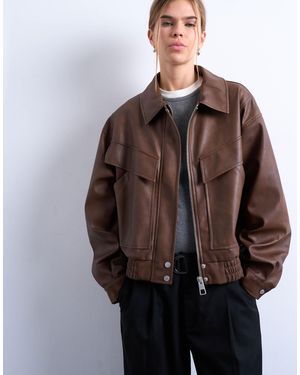 TOPSHOP Faux Leather Bubble Boxy Zip Through Pocket Bomber Jacket - Brown