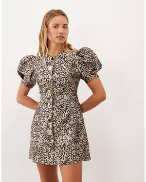 Sister Jane Charmed Jacquard Jurk Met Ronde Hals, Pofmouwen En Luipaardprint - Grijs