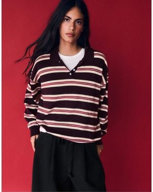 Bershka Pull col roulé à rayures bordeaux - Rouge