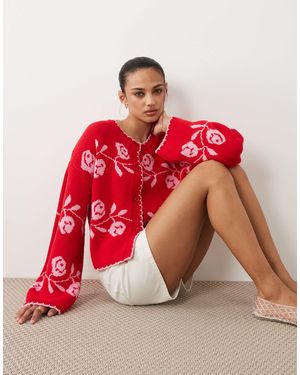 Miss Selfridge Knitted Blanket Stitch Cardigan With Florals - Red