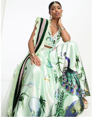 A Star Is Born Ensemble avec foulard dupatta et jupe lehenga en satin imprimé fleuri - Vert