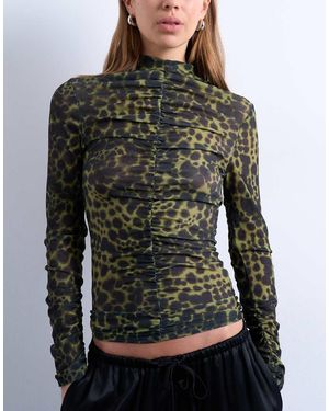 TOPSHOP Top A Maniche Lunghe Nero Arricciato Con Stampa Animalier - Grigio