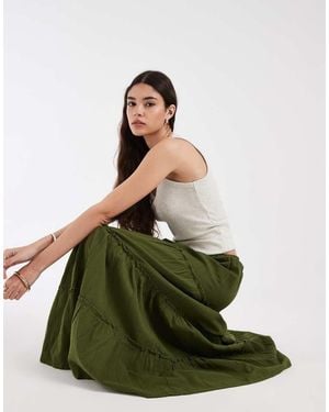 Pieces Crinkle Cotton Tiered Boho Maxi Skirt - Green