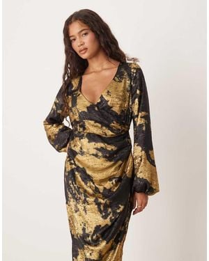 Lovedrobe Long Sleeve Faux Wrap Gathered Midaxi Dress - Natural
