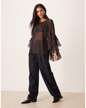 Glamorous Boho Ruffle Sheer Blouse With Fluter Sleeve - Blue